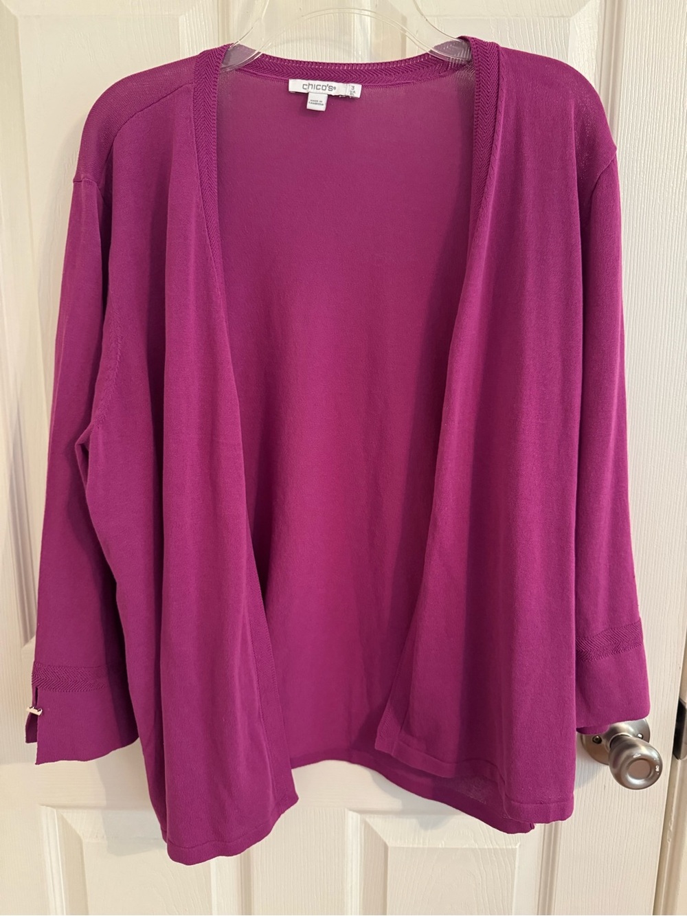Chico’s (Size 3) open cardigan in magenta with a soft-textured knit. - Picture 4 of 8